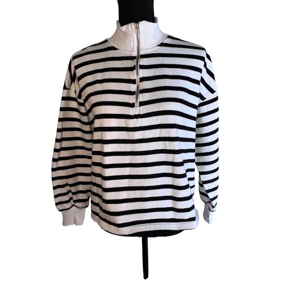 C & C California nautical black white striped 1/4 zip mock neck sweatshirt sz L - Picture 1 of 9